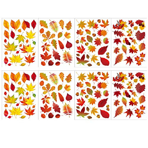 CALIDAKA 174pcs-8 Sheets Thanksgiving Window Clings Autumn Maple Leaves Window Static Stickers,Double Side Printing Thanksgiving Fall Autumn Leaves Window Sticker for Home Party Decorations