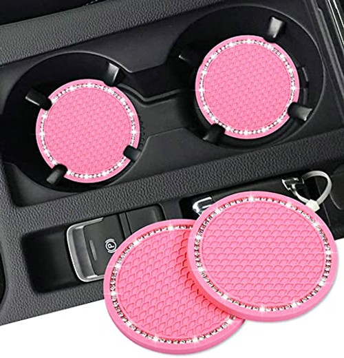 2PCS Car Cup Coaster Universal Vehicle Bling Travel Auto Cup Holder Bling Car Accessories 2.75 inch,Rhinestone Anti Slip Insert Coaster for Most Car Interior-Pink-