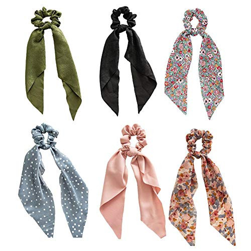 6Pcs Hair Scarf Scrunchies Hair Ribbon Bow Scrunchies with Tails Ponytail Holder Hair Ties Elastics Bands Scrunchy Accessories for Women Girls Ladies