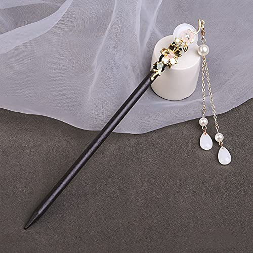 BEIGUA Wooden Hair Sticks, Vintage Chinese Imitation Jade Pearl Flower Tassel Hairpin Chopsticks, Hanfu Long Hair Clip Clasp Headdress for Girls Women-A-
