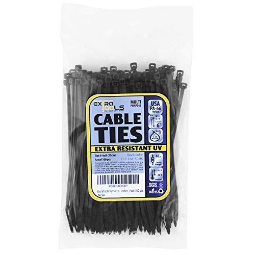 ExtraTools Nylon Cable Ties Self-locking Multi-Purpose Extra Resistant UV Zip Ties, Black Color, 6 inches, Pack 100 pcs
