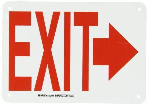 Brady 22455 10" Width x 7" Height B-401 Plastic, Red on White Exit and Directional Sign, Legend "-with Picto- Exit"