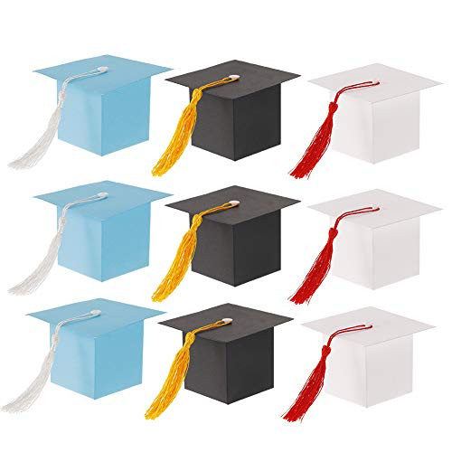 DragonflyDreams Graduation Candy Boxes,30pcs Doctoral Cap Shaped Gift Box Black Graduation Celebration Treat Candy Box with Yellow Tassel for Graduation Ceremony Party-Black plusWhite plusBlue-