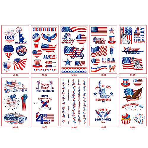10 sheets Patriotic temporary luminous tattoos, July 10th Independence Day temporary tattoos, Independence Day gifts, children's favorite temporary tattoos, Independence Day decorations