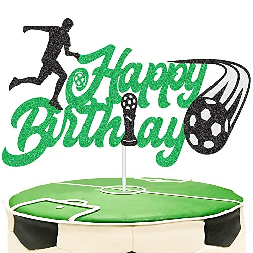 CODOMOR Soccer Happy Birthday Cake Topper, Soccer Ball Player Sport Football Theme Double Sided Glitter Cake Decorations, Birthday Party Supplies for Man and Boy