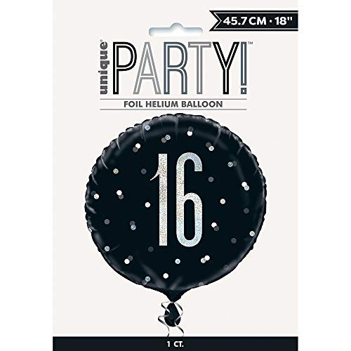 Unique 83342 Black Prismatic 16th Birthday Round Foil Balloon, 18" 1 Pc, Age 16