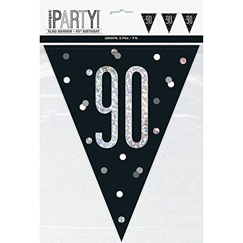Unique 83432 Black Prismatic Polka Dots 90th Birthday Plastic Pennant Banner, 9 Ft 1 Pc, Age 90