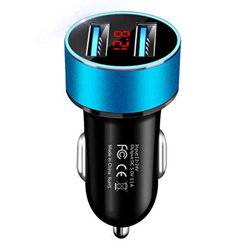 Superper Fast Charge 3.1A Car USB Charger Portable Dual USB Port Fast Charging Multicolor Aluminum Alloy Display Phone Charger Blue