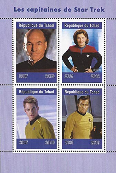 Chad - 2019 Star Trek Captains Picard and Kirk - 4 Stamp Sheet - 3B-674 Chad - 2019 Star Trek Captains Picard and Kirk - 4 Stamp Sheet - 3B-674