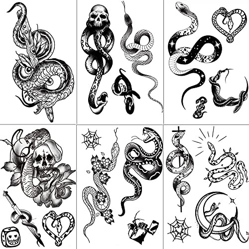 6 Sheets Black Waterproof Realistic Temporary Tattoos For Men Women Snake Fake Small Temporary Tattoos Fo Neck Arm Thigh, Fake Tattoo Sticker For Adults Kids Children Boys Girls