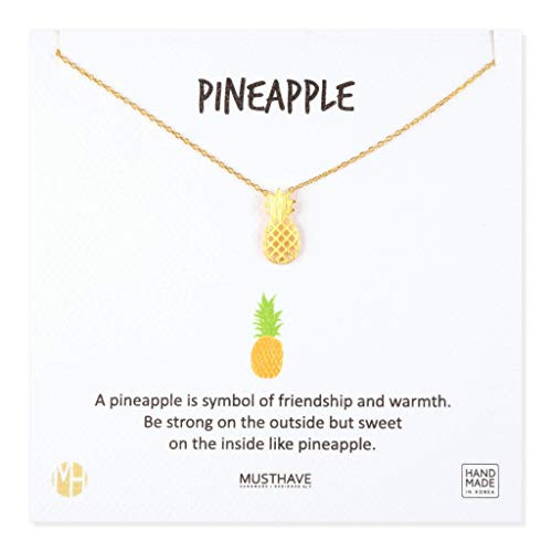 MUSTHAVE Pineapple 18K Gold Plated Necklace with Message Card, Yellow and White Color, Anchor Chain, Best Gift Necklace, Size 16 inch  plus 2 inch Extender, Pineapple Pendant, Gift Card -Yellow Gold-