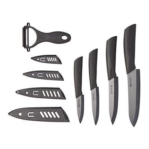 Knife Set Ceramic | Five Piece (Black) 6" Chef Knife, 5" Utility Knife, 4" Fruit Knife, 3" Paring Knife, One Peeler