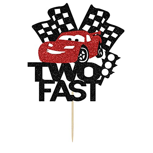 Glitter Two Fast Cake Topper - Happy 2nd Birthday Cake Topper - Two Year Old Birthday, Race Car Theme Party Decoration Supplies