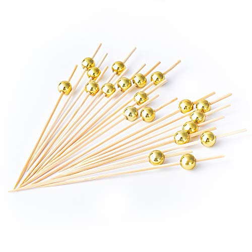 PartyWoo Cocktail Picks, 100 Counts Handmade Wooden Skewers, Cocktail Toothpicks for Appetizers, Cocktail Skewers, Cocktail Sticks, Food Pick for Appetizers, Cocktail Party, BBQ -Gold Pearl-
