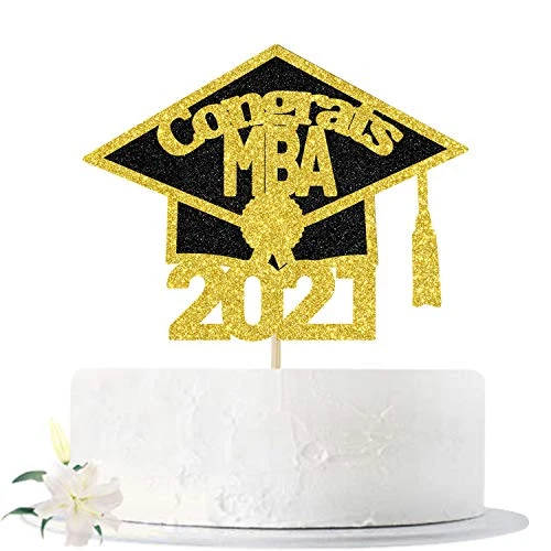 Glitter Congrats MBA Cake Topper - Class of 2021 Graduate Cake Decorating- High School Graduation Party Decoration Supplies - Congrats Grad Photo Props -Gold and Black-