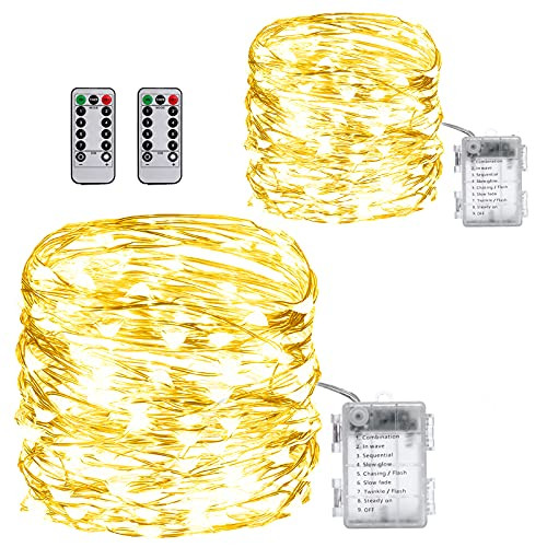Led Fairy Lights 2 Pack 50Led Battery Operated with Remote Lights Waterproof Twinkle Lights led String Lights for Party Bedroom Wedding Indoor and Outdoor Decorations -Warm White-