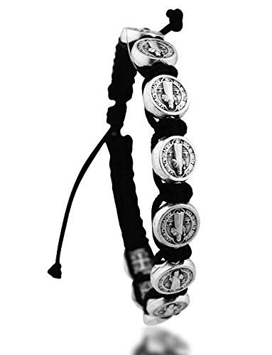 Religious Gifts Saint St Benedict of Nursia Silver Tone Medal 8 Inch Adjustable Black Cord Wrist Bracelet