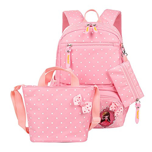 Fanci 3Pcs Polka Dot Princess Style Elementary Kids School Backpack Bookbag Set for Teens Girls School Bag with Handbag