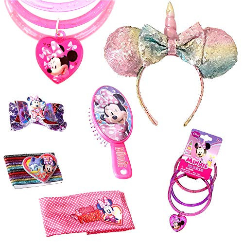 Minnie Mouse Ears Sequin Bows 17 Peice Set Unicorn Horn Minnie Mouse Headband with Minnie Mouse Hair Brush, Hair Bow, 12 Hair Ties, and Headband and Minnie Charm Bracelet