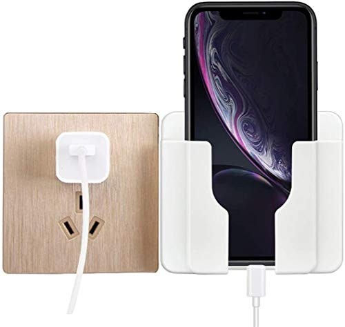 Phone Holder Wall Mounted, Cellphone Stand Charging Holder Bracket Shelf Wall Mount Adhesive Mobile Phone Wall Charger Holder and Remote Control Stand Multipurpose Storage Box -Gold-