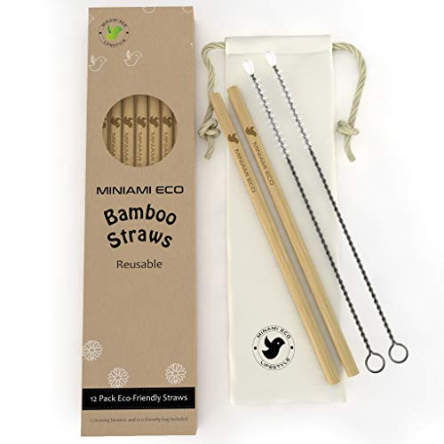 Minami Eco Reusable Bamboo Drinking Straw  Eco-Friendly 12 Straws  plus 2 Cleaning brushes  plus Cotton Bag  Biodegradable, Organic, Plastic Alternative  8 inches