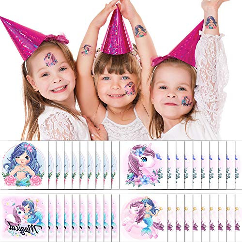 Yarlilyan 40 Sheets Unicorn Mermaid Tattoos for Girls, Children Birthday Party Favor Temporary Tattoo Sticker, Magic Fantasy Butterfly Flower Pink Fake Waterproof tattoo on kids Body Hand Arm Face