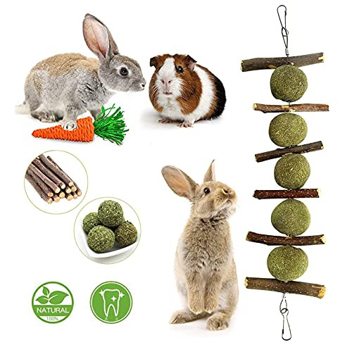 Rabbit Toys, Bunny Chew Toy for Teeth and Gnawing Treats, 100 percent Natural Organic Wood Apple Sticks and Timothy Hay Balls, Carrot Toys for Rabbit, Bunny?Chinchillas, Guinea Pigs, Hamsters, Rodent Rabbit Toys, Bunny Chew Toy for Teeth and Gnawing Treats, 100 percent Natural Organic Wood Apple Sticks and Timothy Hay Balls, Carrot Toys for Rabbit, Bunny?Chinchillas, Guinea Pigs, Hamsters, Rodent