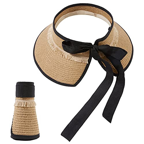 Summer Beach Sun Hats for Women,Wide Brim Straw Hat for Women, Foldable Packable Sun Visor Hats for Women with Windproof Rope Khaki