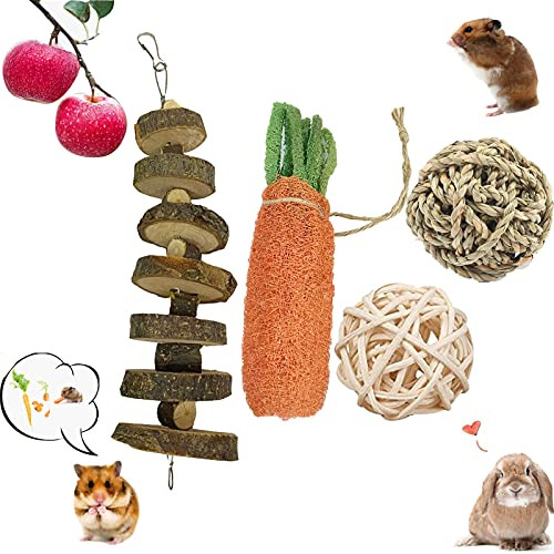 Bunny Chew Toys for Teeth Cleaning, Natural Apple Wood Molar String  and  Loofah Carrot Toys for Rabbit, Rattan Ball  and  Pine Nut Toy for Rabbits Chinchilla Hamsters Guinea Pigs