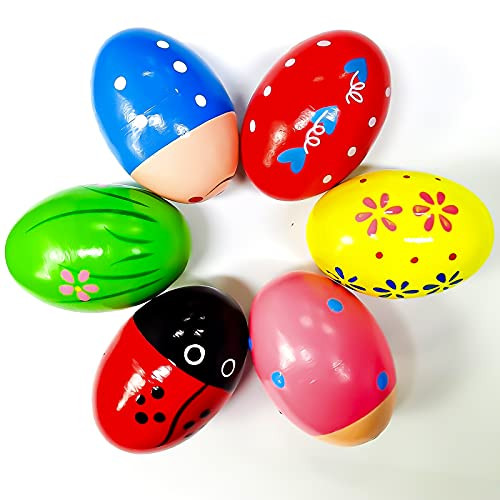 6PCS Egg Shakers Maracas for Kid Easter Decorations Egg Wooden Percussion Musical Egg ,Easter Hunt Game Gifts Basket Stuffers Fillers Decor Party Favors?Assorted Colors Easter Designs for Girls Boys