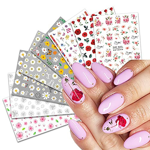 8 Sheets Flower Nail Art Stickers Decals, 3D self-adhesive Small Daisy Rose Lily Leaf Butterfly Nail Design for Women Girls, DIY Acrylic Nail Decoration Nail Supplies