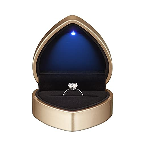 Heart Shaped Ring Gift Box with LED Light, Velvet Earrings Jewelry Case with Light, Jewellry Display Box for Wedding, Engagement, Proposal, Birthday and Anniversary -Gold-
