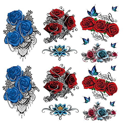 Yesallwas 6 Sheets Fake Rose Tattoo Temporary Flower Tattoos for Women Arm Waterproof Temporary Tattoo Sticker Sleeve Tatoo Women -Blue plusRed-