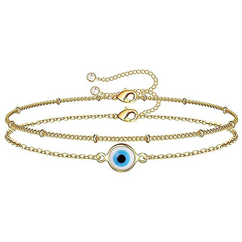 Layered Evil Eye Bracelets Dainty Adjustable Layering Bracelet Cute CZ Evil Eye Layered Gold Bracelets Handmade Boho Paperclip Chain Bracelets Boho Layered Evil Eye Anklets Jewelry-Style A