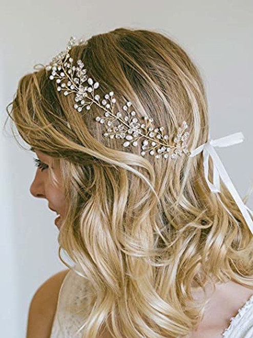 JONKY Bride Wedding Rhinestone Hair Vine Pearl Bridal Hair Piece Gold Long Headband Crystal Hair Accessories for Women and Girls