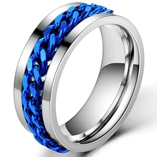 8mm Stainless Steel Chain Inlay Wedding Band Biker Ring -Blue, 7-