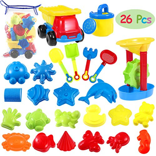 iBaseToy 26 Pieces Kids Sandbox Toys Set with Mesh Bag - Beach Sand Toys for Toddlers, Outdoor Sand Castle Mold Kits Includes Dump Truck, Sand Wheel, Shovels, Rake, Watering Can, Sand Molds iBaseToy 26 Pieces Kids Sandbox Toys Set with Mesh Bag - Beach Sand Toys for Toddlers, Outdoor Sand Castle Mold Kits Includes Dump Truck, Sand Wheel, Shovels, Rake, Watering Can, Sand Molds