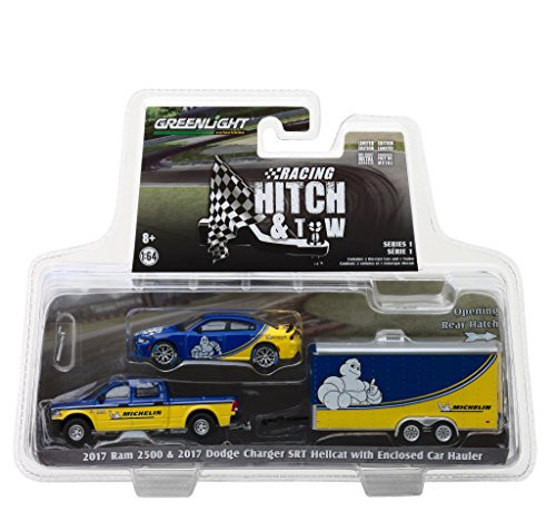 2017 Ram 2500 and 2017 Dodge Charger SRT Hellcat Michelin Tires with Enclosed Car Hauler Racing Hitch & Tow Series 1 1/64 Diecast Models by Greenlight 31050 B 2017 Ram 2500 and 2017 Dodge Charger SRT Hellcat Michelin Tires with Enclosed Car Hauler Racing Hitch & Tow Series 1 1/64 Diecast Models by Greenlight 31050 B