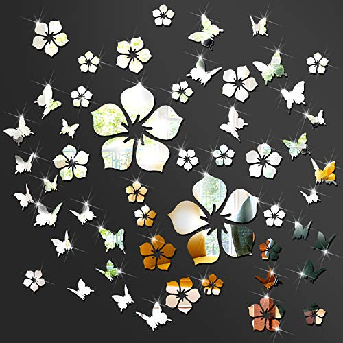 48 Pieces Acrylic Mirror Wall Sticker Decal Silver Flower DIY Wall Decoration Sticker Decal 3D Mirror Butterfly Wall Stickers for Home Living Room Bedroom Decor Home Decoration