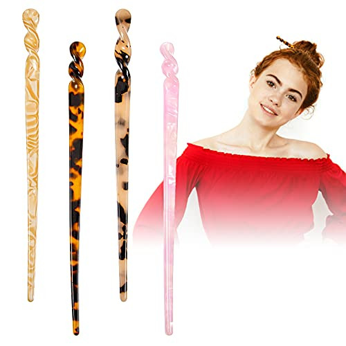 4 Pieces Tortoise Shell Hair Sticks French Acetate Hairpin Chopsticks Chignon Updo Bun Hair Pins Spiral Accessories for Women and Girls