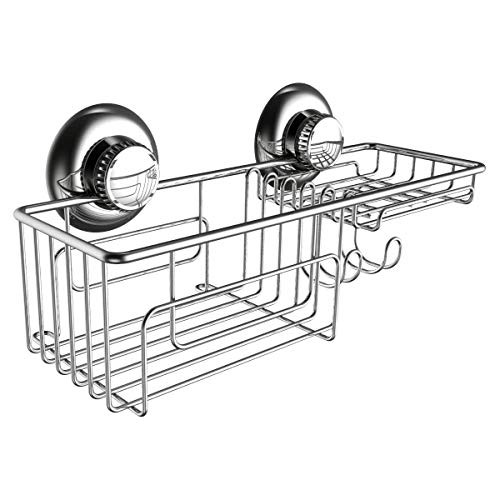 Gecko-Loc Shower Combo Caddy w Suction Cups Stainless Steel Shampoo Conditioner Holder Deep Storage Basket and Shelf - Chrome - Adhesive DISKS Now Include