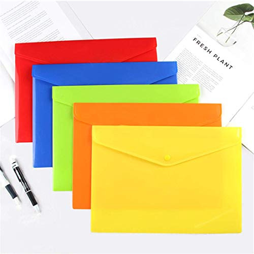 5 Pcs Clear Document File Folder Plastic Poly Envelope Folder with Snap Button Closure for Receipts Filing Organizer A4 Letter Size in 5 Assorted Colors