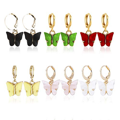 Butterfly Drop Earrings Huggie Hoop Earrings Colorful Acrylic Butterfly Shaped Earrings Butterfly Jewelry Gifts for Women Girls Teens 6 Pairs -Acrylic Butterfly Earrings-6PCS--