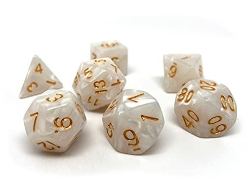 Marble Swirl Polyhedral Dice Set - 7 Piece Dice Set with One D20, D12, D10, D8, D6, D4, and D00 -Ivory with Gold Font-