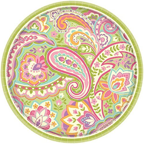 Amscan Disposable Pretty Paisley Round Dessert Paper Plates -8 Pack-, 7", Pink/Multi