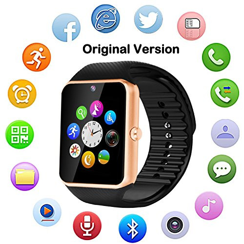 Bluetooth Touch Screen Smart Watch with Camera Sync Calls & Message Waterproof Smartwatch for Android/iOS Smart Phones (Golden)