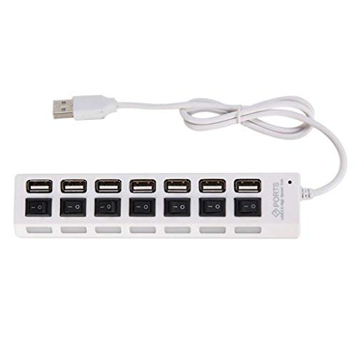 SDENSHI 7-Port USB 2.0 Hub with Individual LED Power Switches for Laptop USB Splitter with Power Adapter Extension Cable - White