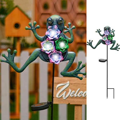 Teresa's Collections 35" Metal Garden Stake Solar Lights Solar Frog Stake for Outdoor Patio Yard Decorations