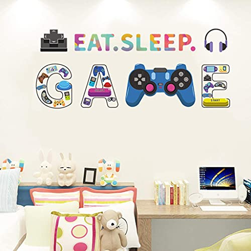 Gamer Wall Decals, Eat Sleep Game Wall Sticker, Removable DIY Wall Stickers Wallpaper Decor, Cartoon Gaming Controller Wallpaper Decor for Teen Boys Kids Bedroom Playroom