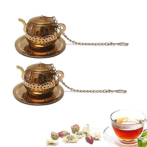 Tea Strainer 2 pcs Tea Infuser Loose Leaf Tea Infusers Gold Color Tea Filter with Drip Dray and Chain Teapot Shape Stainless Steel Tea Balls for Loose Leaf Tea, Spices  and  Seasonings